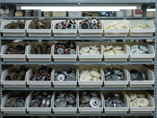 Bins of sorted mechanical replacement parts for home appliances