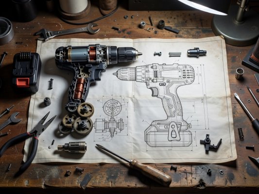 A paper schematic overlaying a disassembled cordless drill